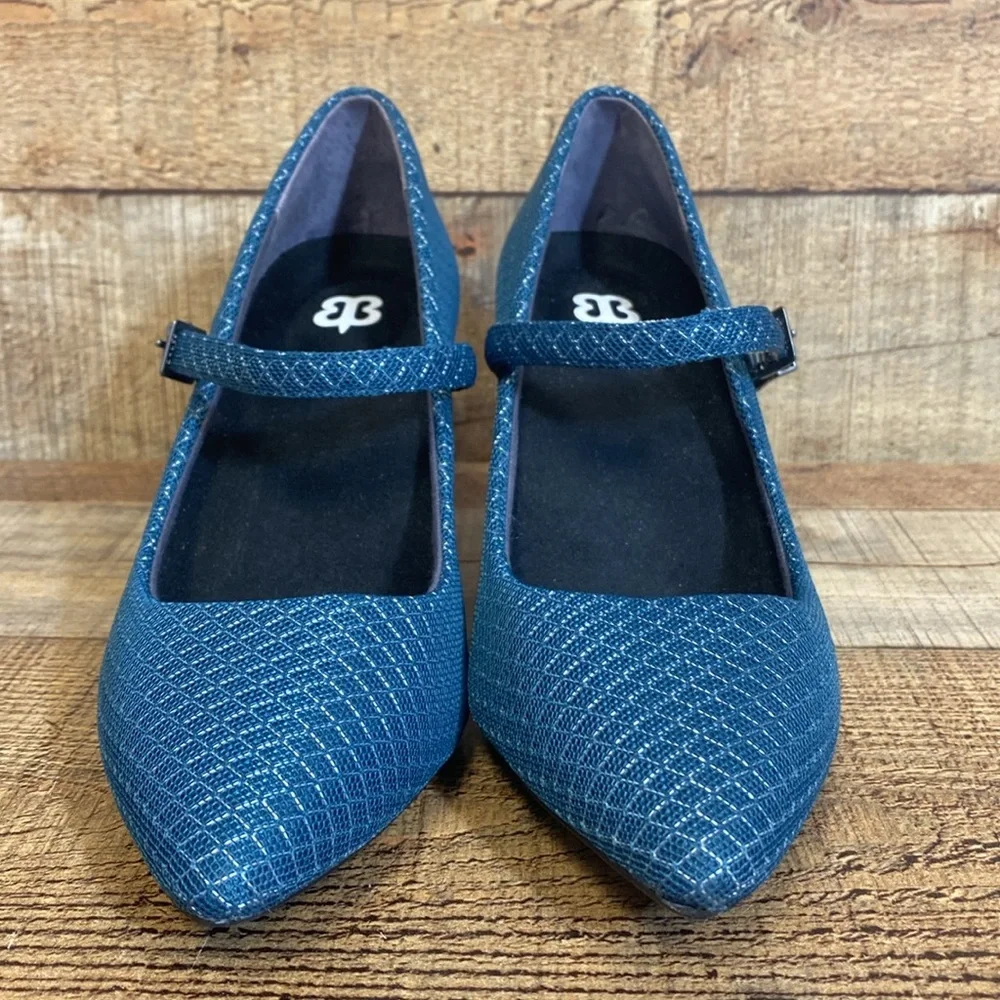 Betabrand Mile Marker Mary Jane Pumps‎ Heels Womens 7.5 Blue Pointed Toe Office